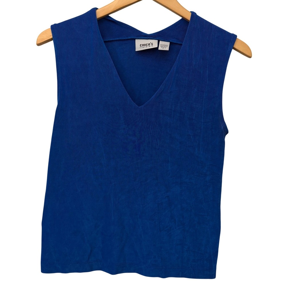 Chicos Travelers Sz 1 Royal Blue V-Neck Sleeveless Tank Top Shell Layering